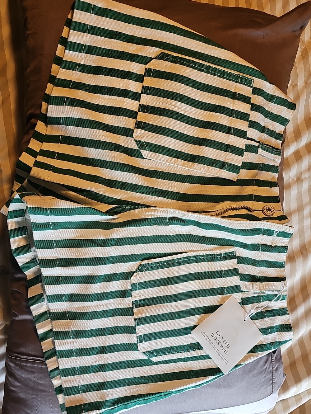 Green and White Striped Shorts with Front Pockets